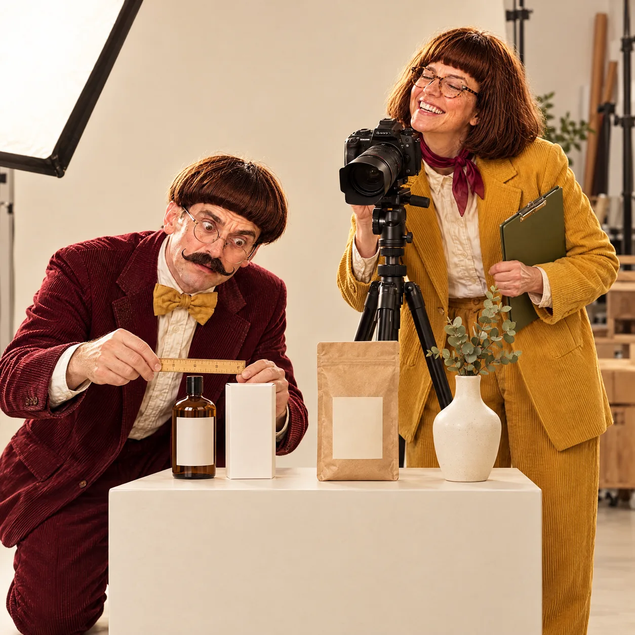 Behind the scenes at a product shoot: Basil measures the gap between two products with a ruler while Mable checks the camera