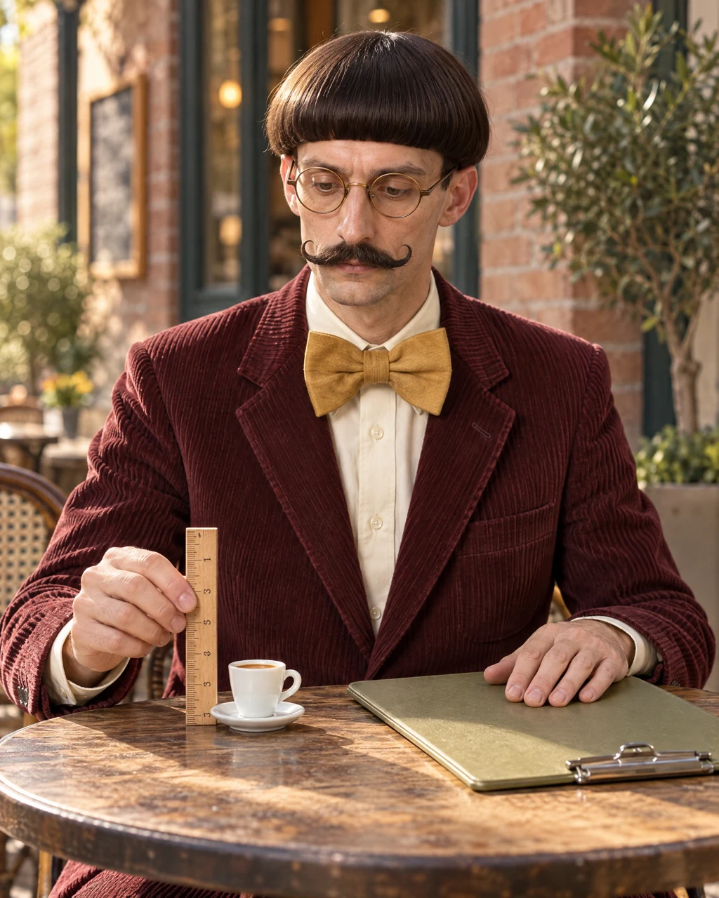 Basil measuring a small espresso with his ruler at a café table