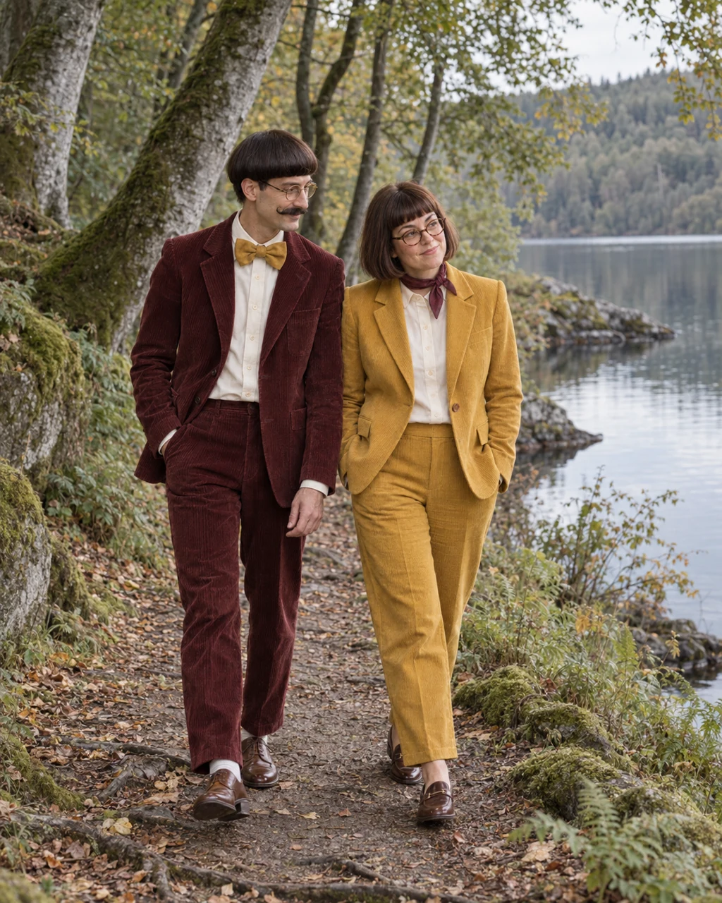 Basil and Mable on a quiet walk by a woodland lake